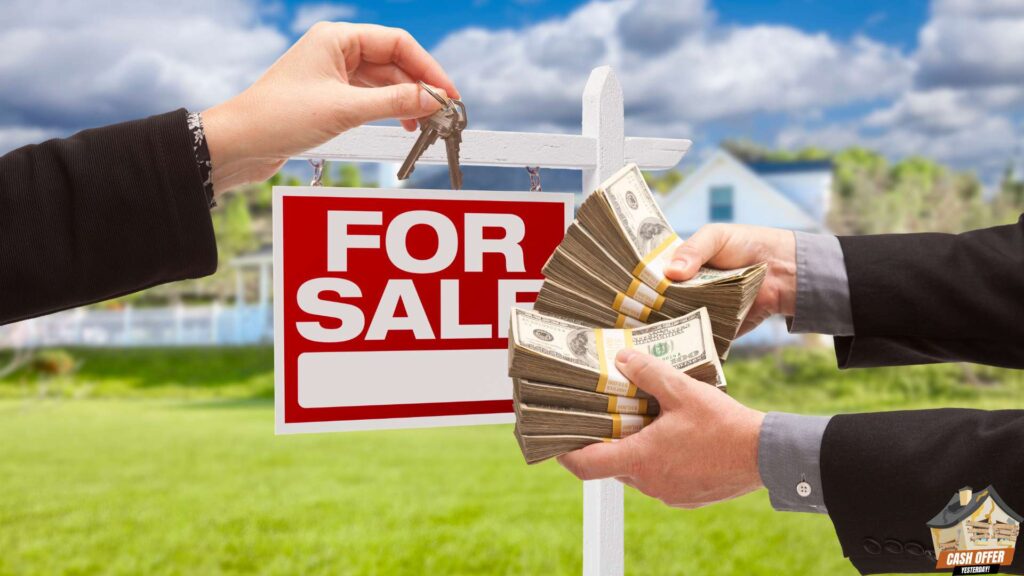 Buyer handing cash to a customer who is selling their home, exchanging keys with a 'For Sale' sign and house in the background. - Get a Cash Offer for Your House in Dallas TX 