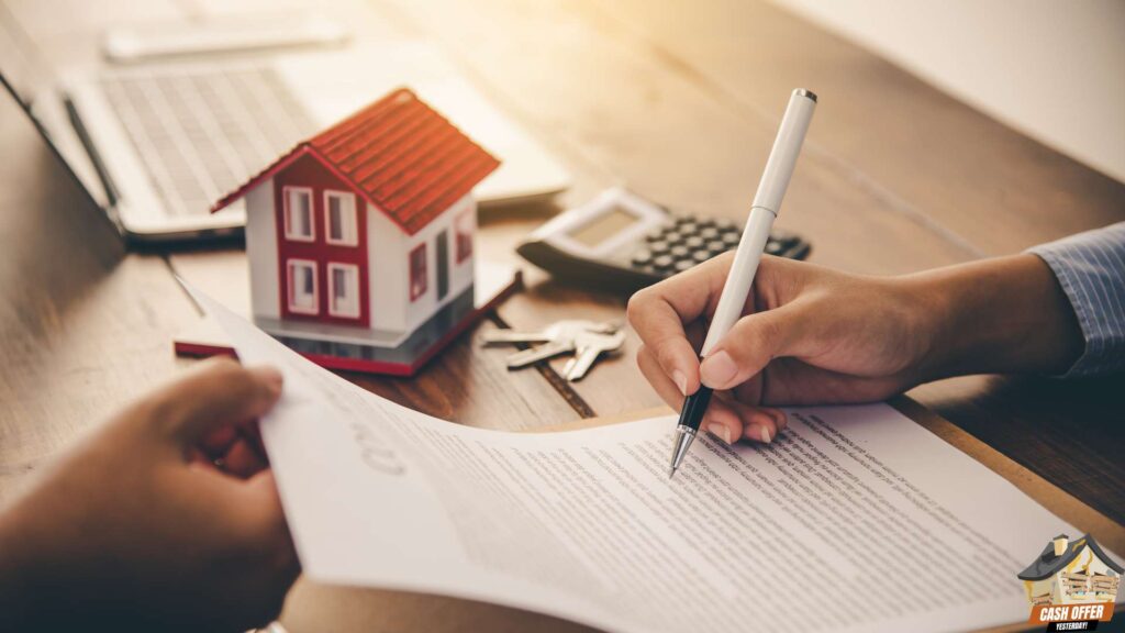 A home seller signing a contract with the assistance of a staff member, symbolizing the final steps in selling a house - We Buy Houses in Arlington TX