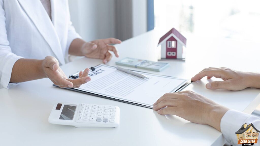 House buyer's staff explaining the contract details to a home seller, illustrating the selling process. We Buy Houses in Dallas TX.