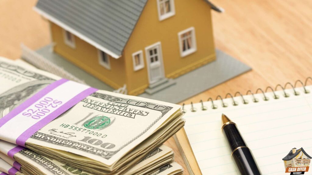 Cash, a miniature house, a pen, and paperwork on top of a table, symbolizing a real estate transaction - Get a Cash Offer for Your House in Dallas TX