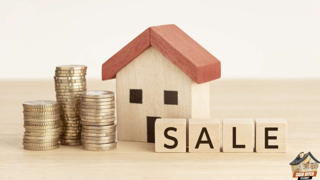 A miniature house next to a coin and wooden blocks spelling 'Sale,' representing the concept of selling a property for money - We Buy Houses in Arlington TX