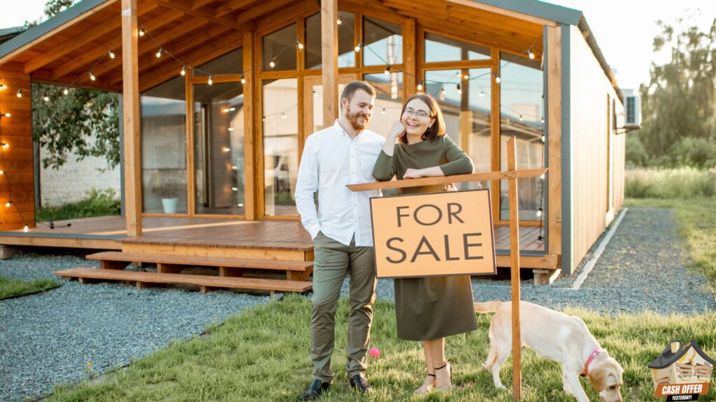 Smiling couple with a 'For Sale' sign in front of their house, showcasing their successful home sale. We Buy Houses in Dallas TX.